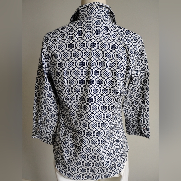 Talbots Petite Non Iron Cotton Stretch Popover Top Navy White Coastal Size 8P - Picture 10 of 16